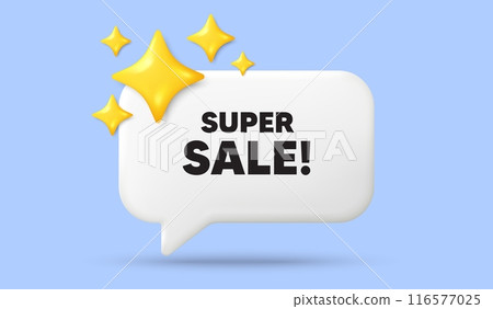 Super Sale tag. 3d speech bubble banner with stars. Special offer price sign. Advertising Discounts symbol. Super sale chat speech message. 3d offer talk box. Vector 116577025