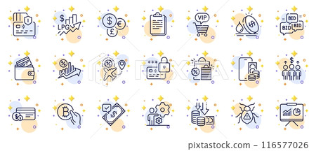 Outline set of Phone pay, Meeting and Vip shopping line icons for web app. Include Bid offer, Deflation, Clipboard pictogram icons. Shopping bags, Accepted payment, Debit card signs. Vector 116577026
