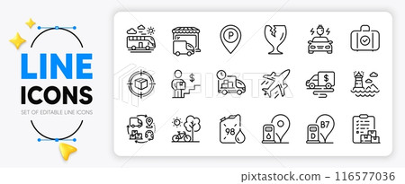 Cash transit, Delivery truck and Parcel tracking line icons set for app include Petrol station, Parking, Car charging outline thin icon. Supply chain, Fragile package. Vector 116577036