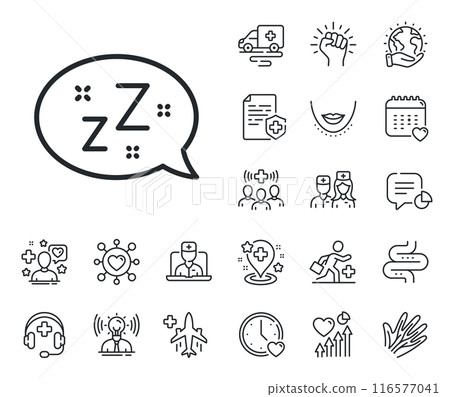 Zzz speech bubble sign. Online doctor, patient and medicine outline icons. Sleep line icon. Chat message symbol. Sleep line sign. Veins, nerves and cosmetic procedure icon. Intestine. Vector 116577041