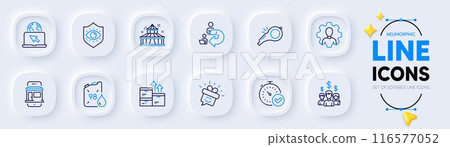 Whistle, Petrol canister and Circus line icons for web app. Pack of Fast verification , Marketplace, Salary employees pictogram icons. Delegate work, Smile, Professional signs. Vector 116577052