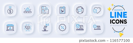Donation, Medical drugs and Card line icons for web app. Pack of Leadership, Window cleaning, Discount pictogram icons. Friends chat, Life insurance, Online test signs. Neumorphic buttons. Vector 116577100
