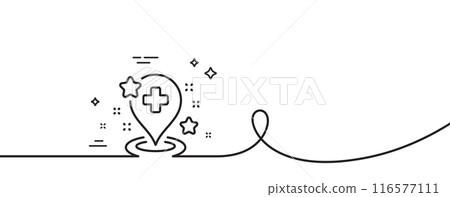 Hospital line icon. Continuous one line with curl. Medical place sign. Location map pin symbol. Hospital single outline ribbon. Loop curve pattern. Vector 116577111