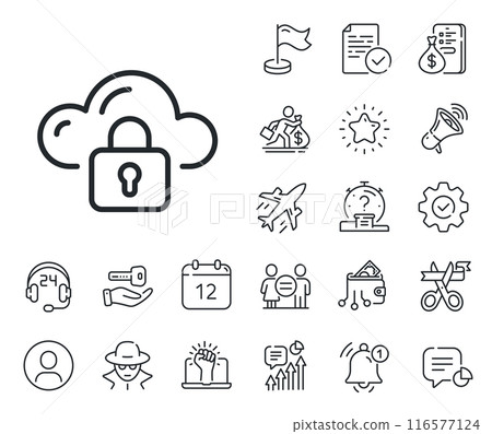 Internet data storage sign. Salaryman, gender equality and alert bell outline icons. Cloud computing protection line icon. File hosting technology symbol. Cloud protection line sign. Vector 116577124