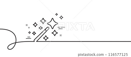 Magic wand line icon. Continuous one line with curl. Magician stick sign. Wizard tool with star symbol. Magic wand single outline ribbon. Loop curve pattern. Vector 116577125