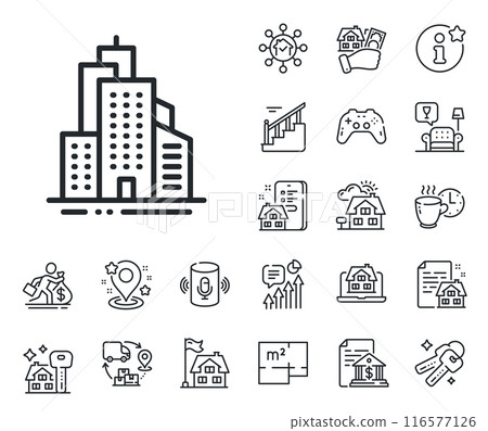 City architecture sign. Floor plan, stairs and lounge room outline icons. Skyscraper buildings line icon. Town symbol. Skyscraper buildings line sign. House mortgage, sell building icon. Vector City architecture sign. Floor plan, stairs and lounge room outline icons. Skyscraper buildings line icon. Town symbol. Skyscraper buildings line sign. House mortgage, sell building icon. Vector 116577126