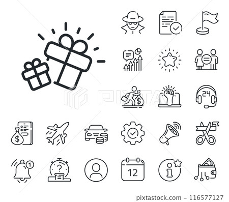 Present box sign. Salaryman, gender equality and alert bell outline icons. Gifts line icon. Brand marketing symbol. Gift line sign. Spy or profile placeholder icon. Online support, strike. Vector 116577127