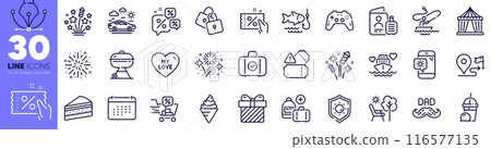 Deckchair, Grill and Fishing line icons pack. Discounts cart, Ice cream, Discounts chat web icon. Sun protection, Gamepad, Carry-on baggage pictogram. Add handbag, Circus tent. Vector 116577135