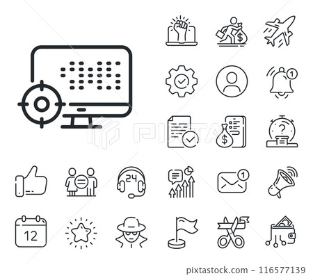 Search engine optimization sign. Salaryman, gender equality and alert bell outline icons. Seo computer line icon. Target symbol. Seo line sign. Spy or profile placeholder icon. Vector 116577139