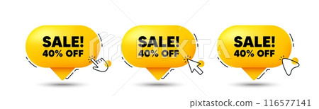Sale 40 percent off discount. Click here buttons. Promotion price offer sign. Retail badge symbol. Sale speech bubble chat message. Talk box infographics. Vector Sale 40 percent off discount. Click here buttons. Promotion price offer sign. Retail badge symbol. Sale speech bubble chat message. Talk box infographics. Vector 116577141