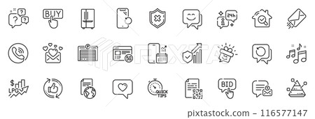 Icons pack as Love message, Security statistics and Question bubbles line icons for app include Smile face, Parking garage, Refrigerator outline thin icon web set. E-mail, New message. Vector 116577147