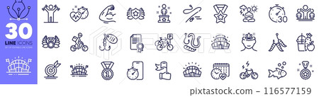 Winner reward, Leadership and Maggots line icons pack. Worms, Timer, Yoga web icon. Fishing lure, Laureate medal, Sports arena pictogram. Arena stadium, Delivery bike, Winner ribbon. Vector 116577159