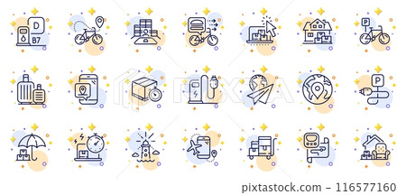 Outline set of Bicycle parking, Bike delivery and Charging station line icons for web app. Include Metro map, Diesel station, Charging parking pictogram icons. Lighthouse, Food delivery. Vector 116577160