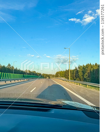 summer road view from the front seat of the car . High quality photo 116577261