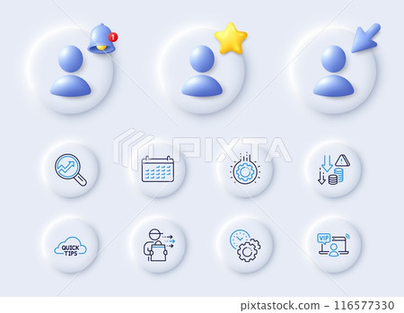 Time management, Vip access and Gear line icons. Placeholder with 3d cursor, bell, star. Pack of Deflation, Analytics, Quick tips icon. Calendar, Food delivery pictogram. For web app, printing. Vector 116577330