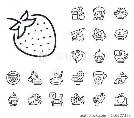 Fruit food sign. Crepe, sweet popcorn and salad outline icons. Strawberry line icon. Diet nutrition symbol. Strawberry line sign. Pasta spaghetti, fresh juice icon. Supply chain. Vector 116577333