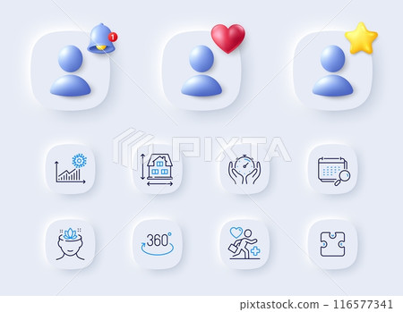 Calendar, Puzzle and Yoga mind line icons. Placeholder with 3d bell, star, heart. Pack of Full rotation, Coronavirus statistics, Timer icon. Patient, House dimension pictogram. Vector 116577341