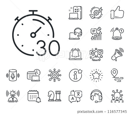 Stopwatch time sign. Place location, technology and smart speaker outline icons. Timer 30 minutes line icon. Countdown clock symbol. Timer line sign. Influencer, brand ambassador icon. Vector 116577345