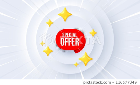 Special offer banner. Neumorphic offer 3d banner, coupon. Discount sticker shape. Sale coupon bubble icon. Special offer promo event background. Sunburst banner, flyer or poster. Vector 116577349