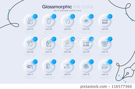 Set of Social media, Quick tips and Idea line icons for web app. Video conference, Sound check, Mobile survey icons. Buying house, Scroll down, Cyber attack signs. Inventory. Vector 116577360
