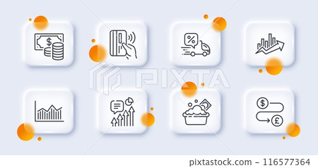 Contactless payment, Growth chart and Money diagram line icons pack. 3d glass buttons with blurred circles. Delivery discount, Coins banknote, Launder money web icon. Kpi pictogram. Vector 116577364