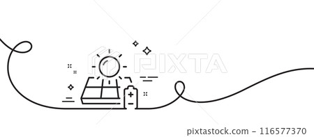 Solar panel line icon. Continuous one line with curl. Sun energy sign. Charge battery symbol. Solar panel single outline ribbon. Loop curve pattern. Vector Solar panel line icon. Continuous one line with curl. Sun energy sign. Charge battery symbol. Solar panel single outline ribbon. Loop curve pattern. Vector 116577370