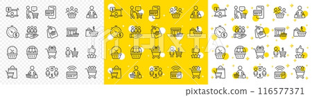 Contactless payment card, shopping cart and group of people. Buyer customer line icons. Store, buyer loyalty card, client ranking set icons. Shopping timer, phone payment, currency. Vector Contactless payment card, shopping cart and group of people. Buyer customer line icons. Store, buyer loyalty card, client ranking set icons. Shopping timer, phone payment, currency. Vector 116577371