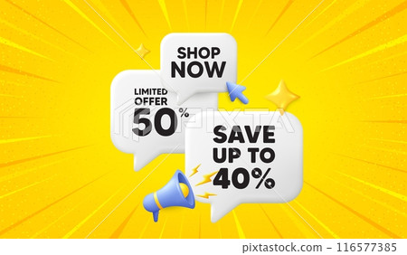 Save up to 40 percent. 3d offer chat speech bubbles. Discount Sale offer price sign. Special offer symbol. Discount speech bubble 3d message. Talk box megaphone banner. Vector 116577385