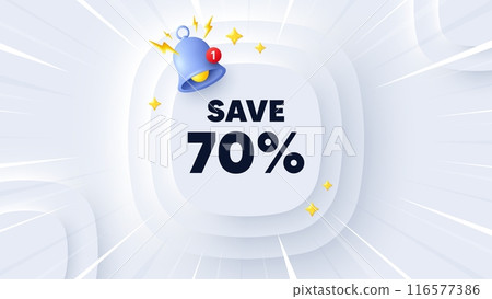 Save 70 percent off tag. Neumorphic banner with sunburst. Sale Discount offer price sign. Special offer symbol. Discount message. Banner with 3d reminder bell. Circular neumorphic template. Vector Save 70 percent off tag. Neumorphic banner with sunburst. Sale Discount offer price sign. Special offer symbol. Discount message. Banner with 3d reminder bell. Circular neumorphic template. Vector 116577386