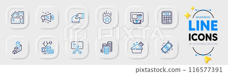 Atm, Donate and Coins line icons for web app. Pack of Launder money, Payment, Tax calculator pictogram icons. Deflation, Bankrupt, Loyalty star signs. Money, 3d chart, Sale megaphone. Vector 116577391
