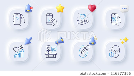 Heart beat, Hold heart and Scroll down line icons. Buttons with 3d bell, chat speech, cursor. Pack of 5g internet, Ask question, Face protection icon. Eye drops, Exhibitors pictogram. Vector 116577396