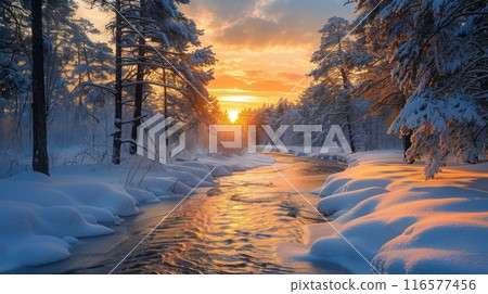 Snowy Forest River at Sunrise With Golden Light 116577456