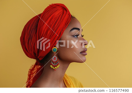 Woman Wearing Red Headscarf and Statement Earrings Against Yellow Wall 116577490