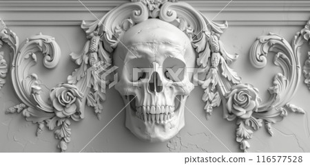White Skull Relief Sculpture With Floral Ornaments White Skull Relief Sculpture With Floral Ornaments 116577528
