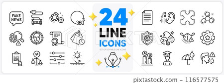 Icons set of Zinc mineral, Fake news and Gears line icons pack for app with Student, Clipboard, Puzzle thin outline icon. File, Certificate, Medical mask pictogram. Car charge, Hearing. Vector 116577575