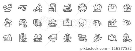 Icons pack as Bike timer, Helicopter and Home charging line icons for app include Delivery cart, Delivery online, Car travel outline thin icon web set. Package box, Charging station. Vector 116577582