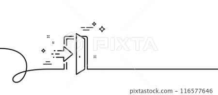 Entrance line icon. Continuous one line with curl. Entry door sign. Building exit symbol. Entrance single outline ribbon. Loop curve pattern. Vector 116577646