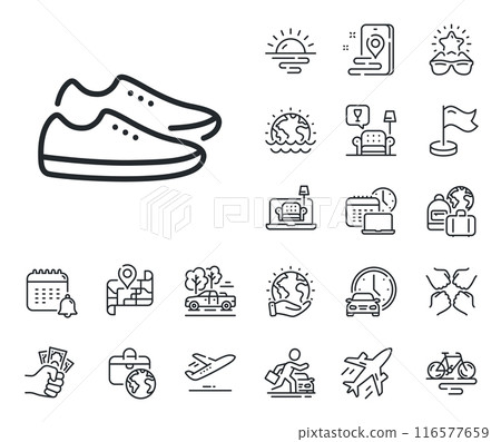 Sport footwear sign. Plane jet, travel map and baggage claim outline icons. Shoes line icon. Fashion sneakers symbol. Shoes line sign. Car rental, taxi transport icon. Place location. Vector 116577659