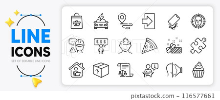 Present, Employee benefits and Place line icons set for app include Podium, Legal documents, Cupcake outline thin icon. Puzzle, Car charging, Face detect pictogram icon. Online buying. Vector 116577661