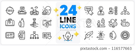 Icons set of Lighthouse, Vip transfer and Frying pan line icons pack for app with Management, Face cream, Time hourglass thin outline icon. Seo, Fake information, Timer pictogram. Vector 116577663