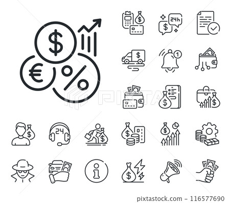 Money tax rate sign. Cash money, loan and mortgage outline icons. Inflation line icon. Financial interest symbol. Inflation line sign. Credit card, crypto wallet icon. Inflation, job salary. Vector Money tax rate sign. Cash money, loan and mortgage outline icons. Inflation line icon. Financial interest symbol. Inflation line sign. Credit card, crypto wallet icon. Inflation, job salary. Vector 116577690
