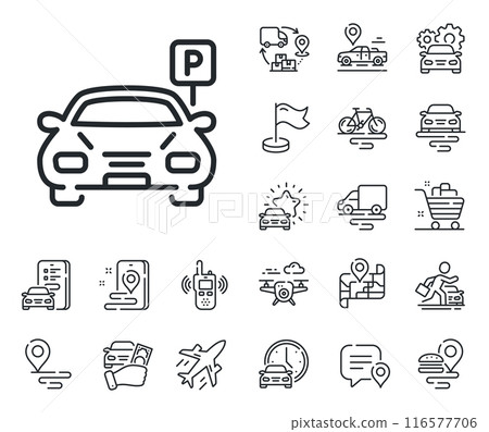 Auto park sign. Plane, supply chain and place location outline icons. Car parking line icon. Transport place symbol. Parking line sign. Taxi transport, rent a bike icon. Travel map. Vector Auto park sign. Plane, supply chain and place location outline icons. Car parking line icon. Transport place symbol. Parking line sign. Taxi transport, rent a bike icon. Travel map. Vector 116577706