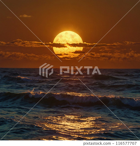 Hot summer sun over the sea. Sunset 116577707