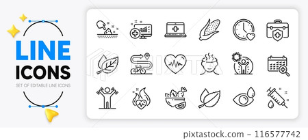 Mint leaves, Corn and Leaf line icons set for app include Dumbbells workout, Dating, Cardio training outline thin icon. Medical analytics, Salad, Medical calendar pictogram icon. Vector 116577742