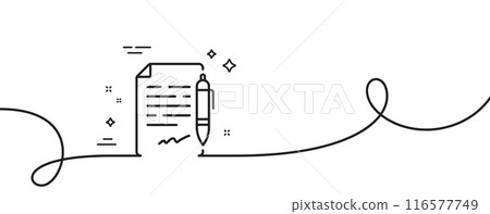 Agreement document line icon. Continuous one line with curl. Contract file signature sign. Office note symbol. Agreement document single outline ribbon. Loop curve pattern. Vector Agreement document line icon. Continuous one line with curl. Contract file signature sign. Office note symbol. Agreement document single outline ribbon. Loop curve pattern. Vector 116577749