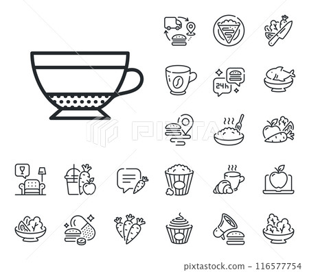 Hot drink sign. Crepe, sweet popcorn and salad outline icons. Dry Cappuccino coffee icon. Beverage symbol. Dry Cappuccino line sign. Pasta spaghetti, fresh juice icon. Supply chain. Vector Hot drink sign. Crepe, sweet popcorn and salad outline icons. Dry Cappuccino coffee icon. Beverage symbol. Dry Cappuccino line sign. Pasta spaghetti, fresh juice icon. Supply chain. Vector 116577754
