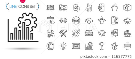 Pack of Cloud protection, Stand lamp and Stop voting line icons. Include Hammer tool, Phone communication, Sale pictogram icons. Recovery computer, Startup rocket, Phone charging signs. Vector 116577775