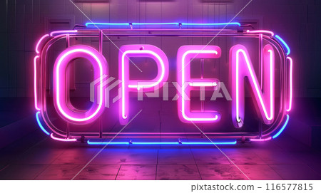 open glowing sign glowing in pink neon colors illustration 116577815