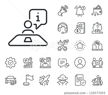 Job information sign. Salaryman, gender equality and alert bell outline icons. Interview line icon. Business meeting symbol. Interview line sign. Spy or profile placeholder icon. Vector 116577855