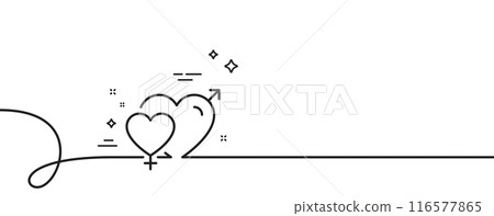 Male female line icon. Continuous one line with curl. Love heart sign. Couple relationships symbol. Male female single outline ribbon. Loop curve pattern. Vector 116577865